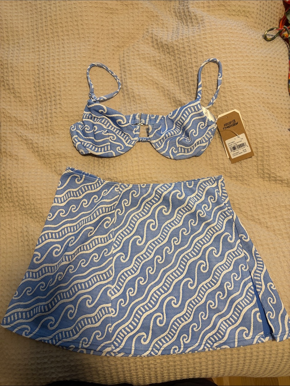 Billabong Blue and White Wave Print Bikini top and skirt